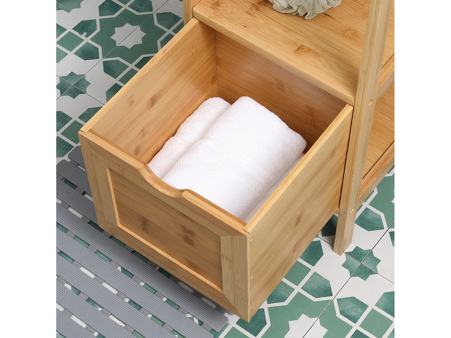 Meuble colonne rangement salle de bain bambou design cosy naturel 2 tiroirs 3 niches H. 140 cm