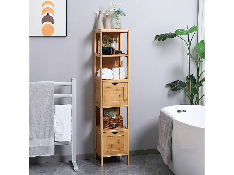 Meuble colonne rangement salle de bain bambou design cosy naturel 2 tiroirs 3 niches H. 140 cm