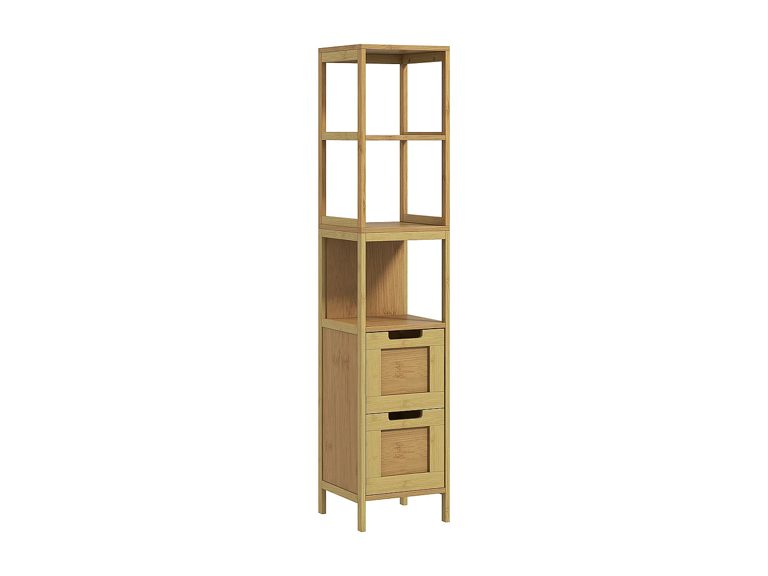 Meuble colonne rangement salle de bain style cosy dim. 30L x 30l x 144H cm 3 étagères 2 tiroirs bambou MDF aspect bois clair