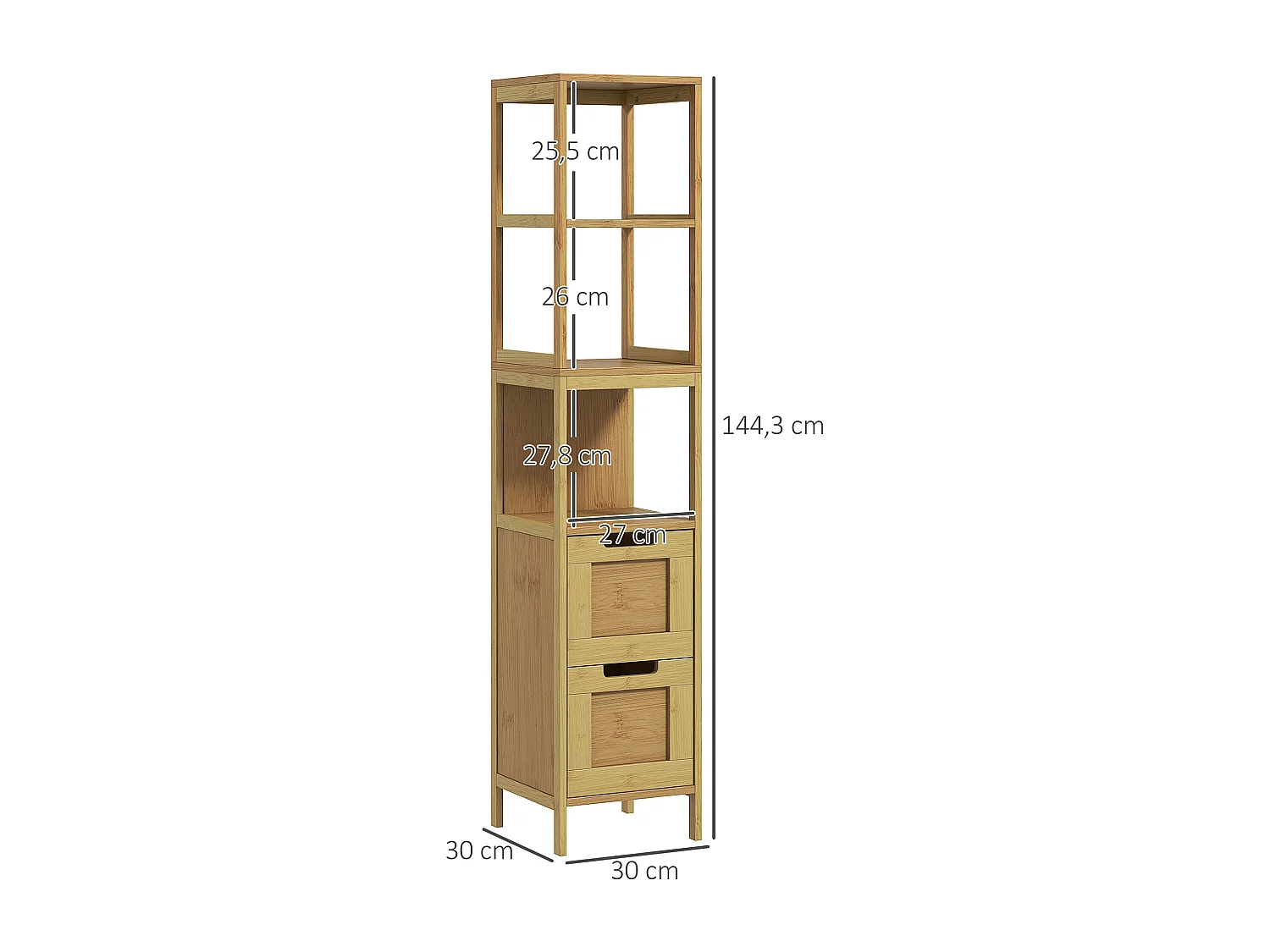 Meuble colonne rangement salle de bain style cosy dim. 30L x 30l x 144H cm 3 étagères 2 tiroirs bambou MDF aspect bois clair