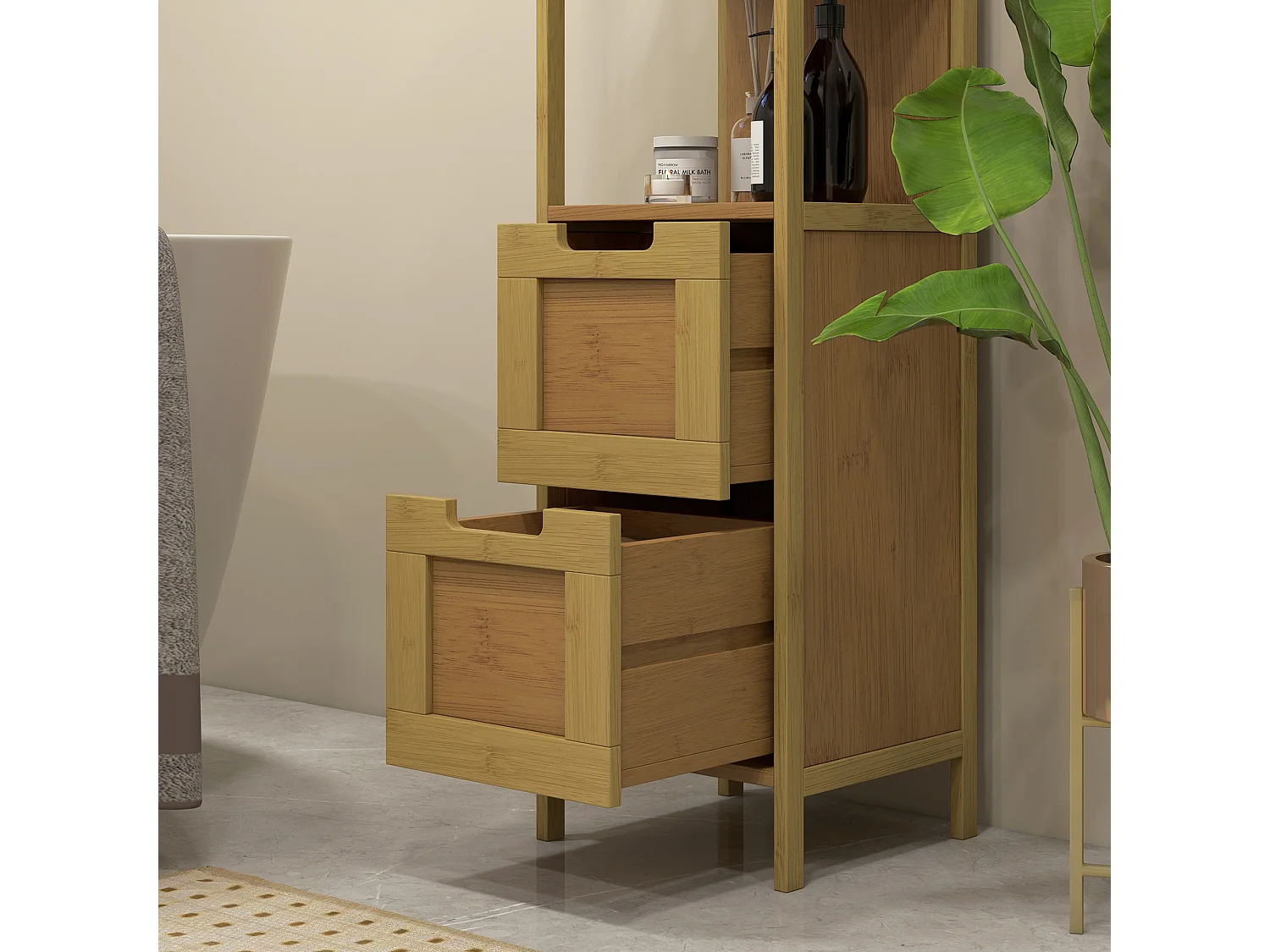 Meuble colonne rangement salle de bain style cosy dim. 30L x 30l x 144H cm 3 étagères 2 tiroirs bambou MDF aspect bois clair