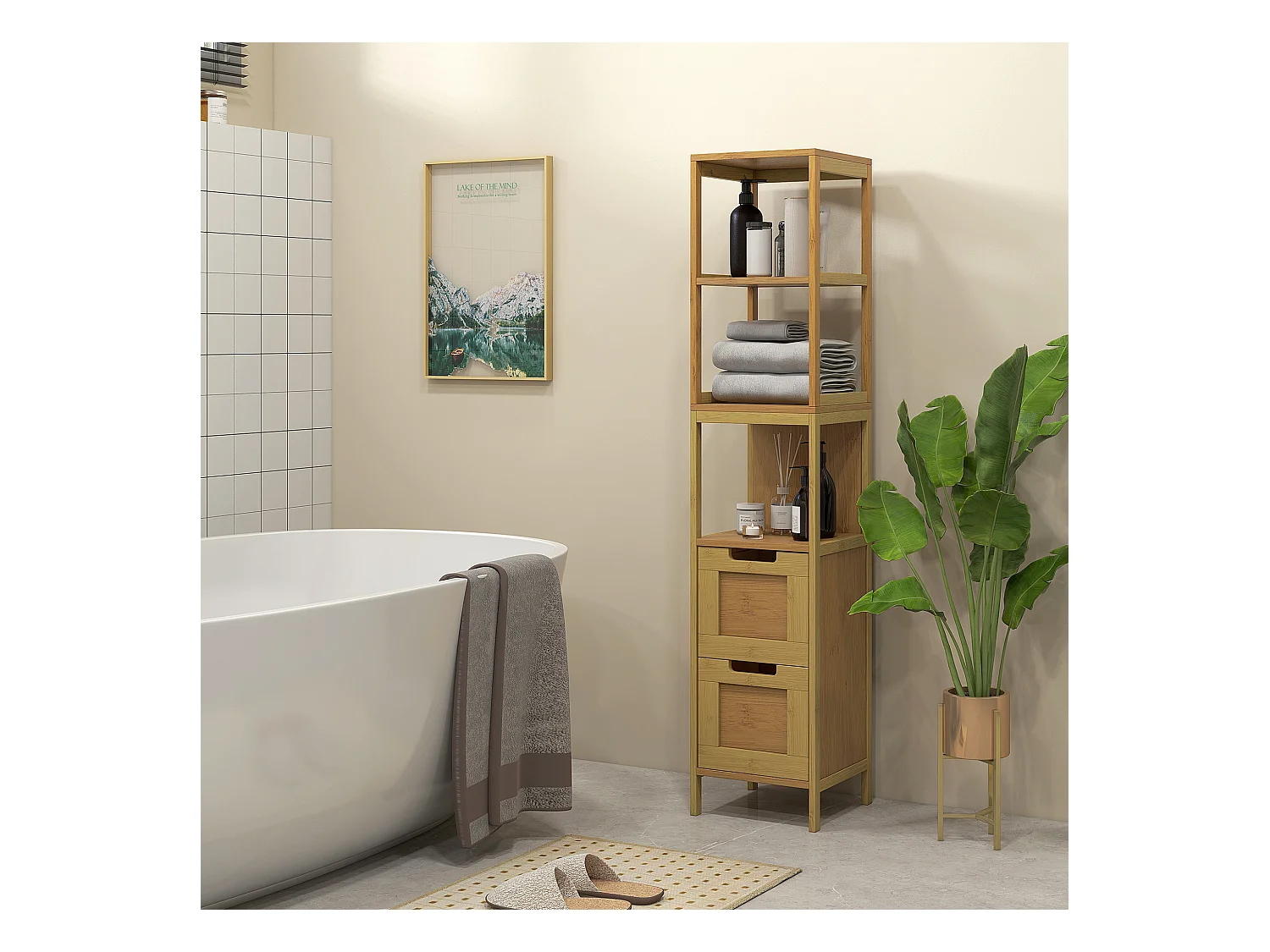 Meuble colonne rangement salle de bain style cosy dim. 30L x 30l x 144H cm 3 étagères 2 tiroirs bambou MDF aspect bois clair