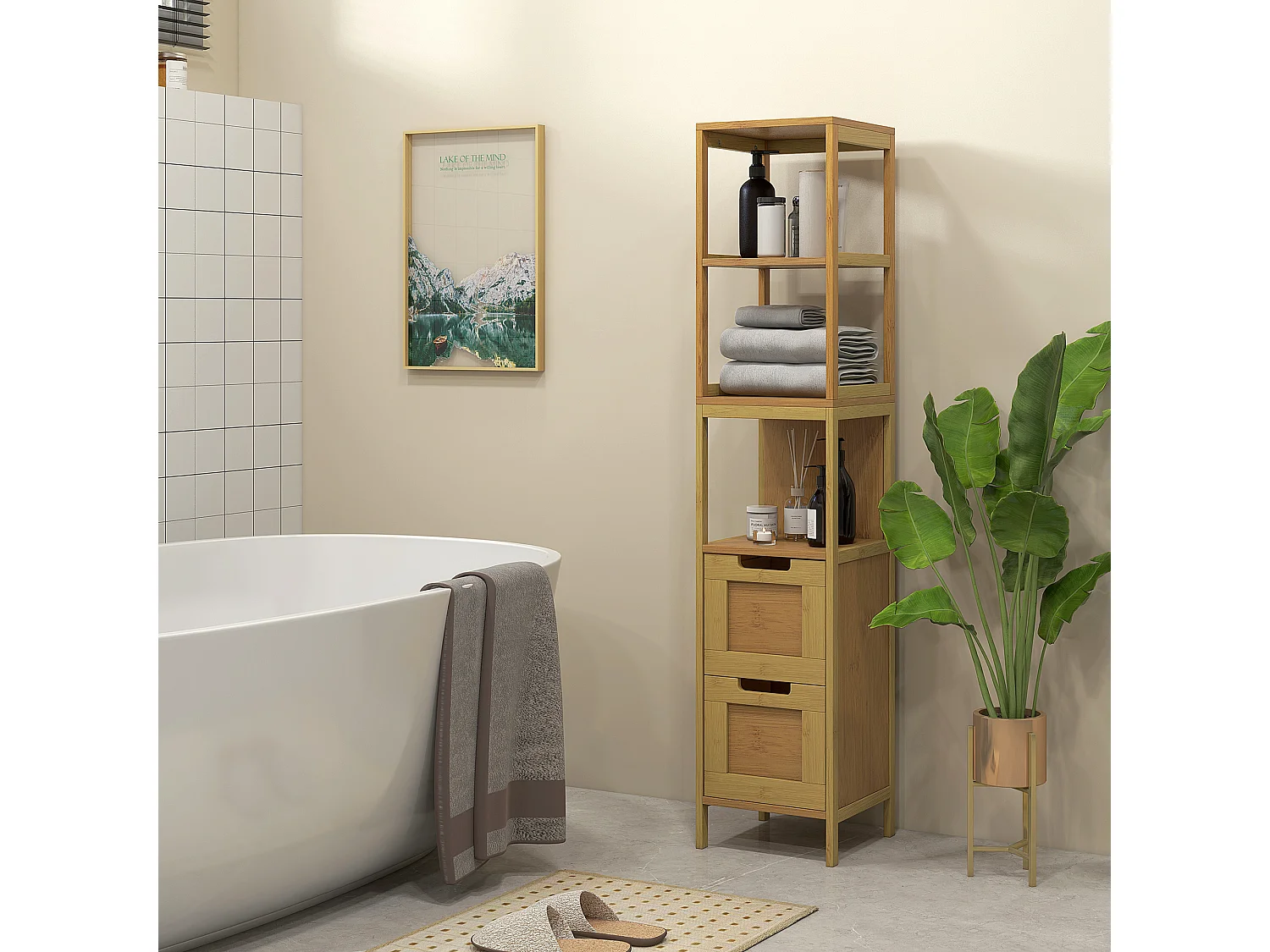 Meuble colonne rangement salle de bain style cosy dim. 30L x 30l x 144H cm 3 étagères 2 tiroirs bambou MDF aspect bois clair