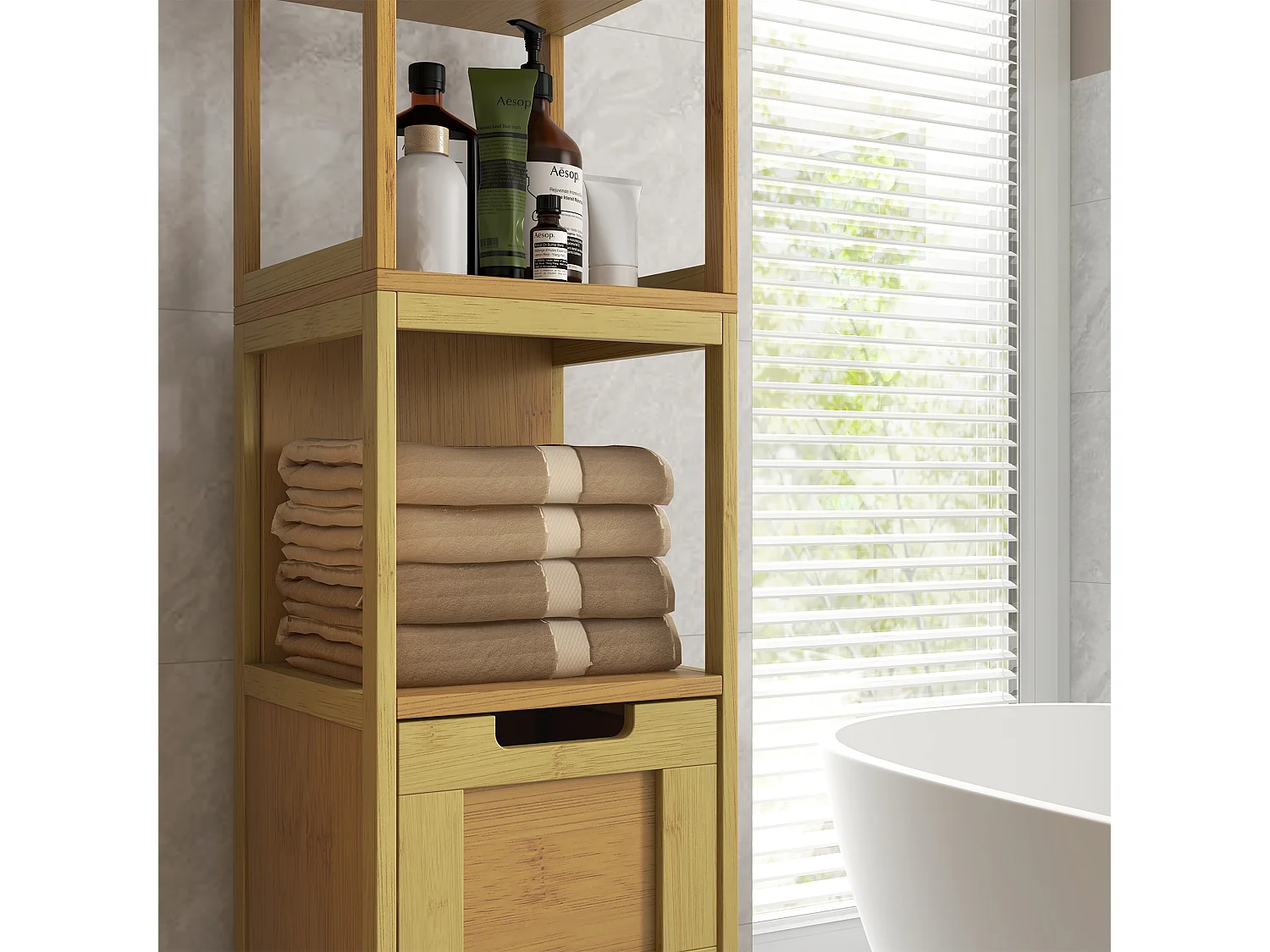 Meuble colonne rangement salle de bain style cosy dim. 30L x 30l x 144H cm 3 étagères 2 tiroirs bambou MDF aspect bois clair
