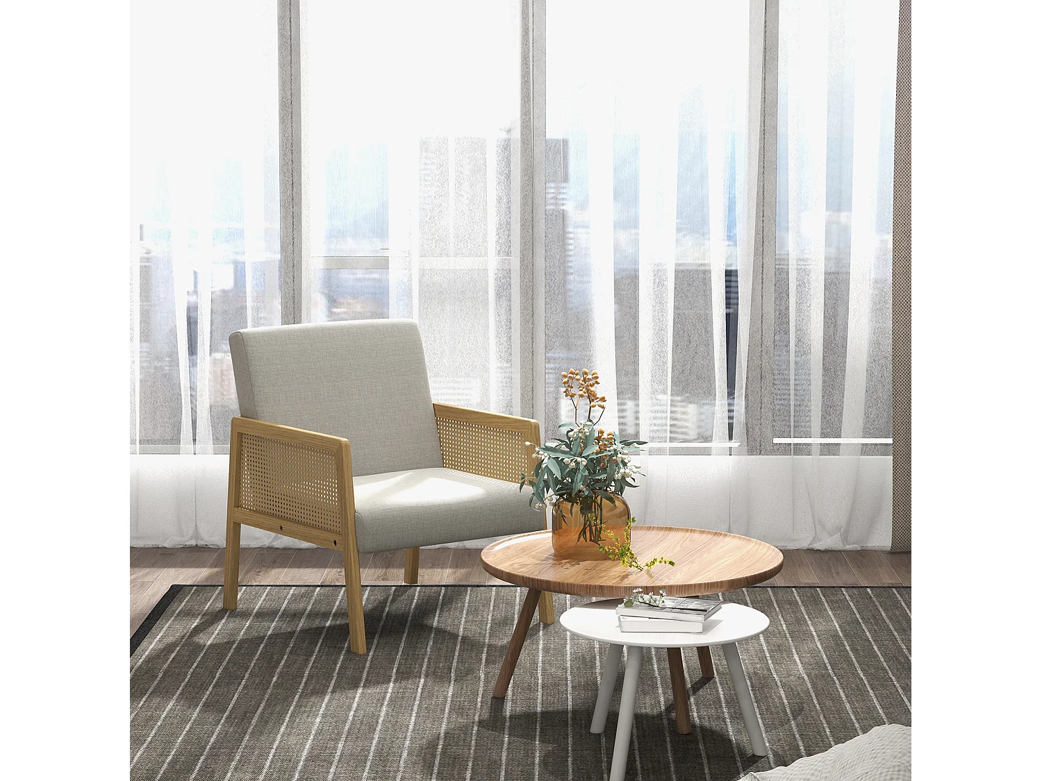 Fauteuil lounge - 2 coussins inclus - assise profonde - accoudoirs - structure bois hévéa rotin - tissu gris