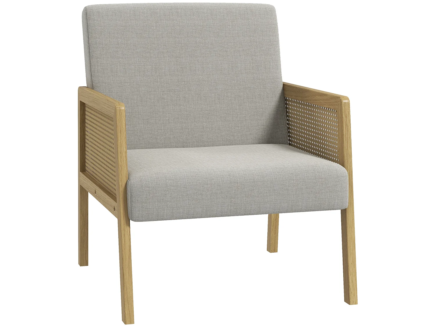 Fauteuil lounge - 2 coussins inclus - assise profonde - accoudoirs - structure bois hévéa rotin - tissu gris
