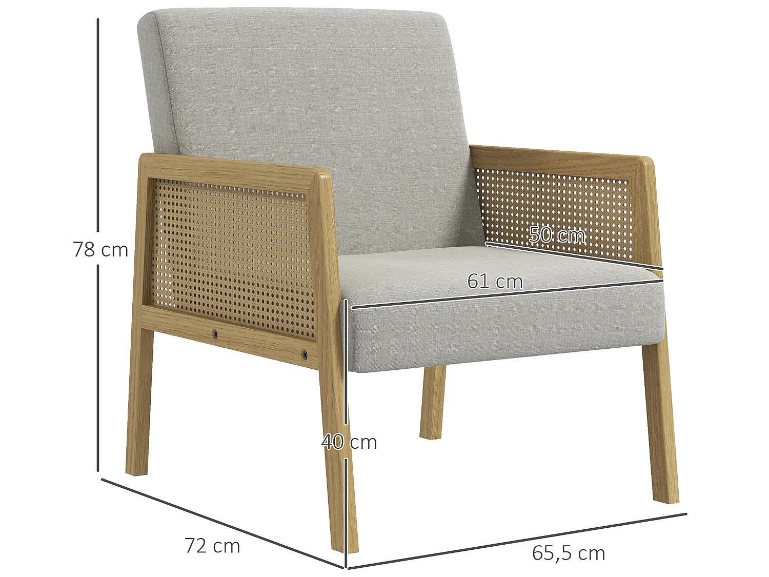 Fauteuil lounge - 2 coussins inclus - assise profonde - accoudoirs - structure bois hévéa rotin - tissu gris