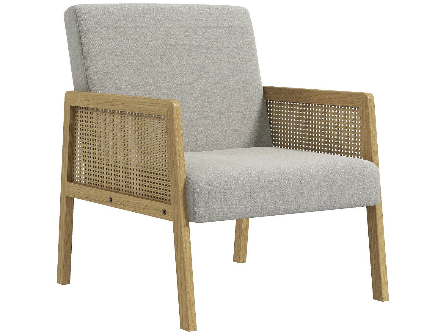 Fauteuil lounge - 2 coussins inclus - assise profonde - accoudoirs - structure bois hévéa rotin - tissu gris