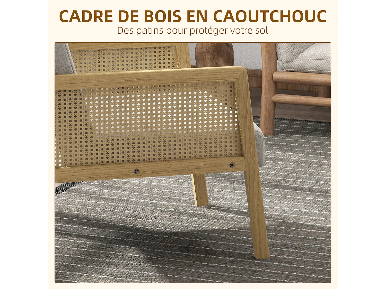 Fauteuil lounge - 2 coussins inclus - assise profonde - accoudoirs - structure bois hévéa rotin - tissu gris