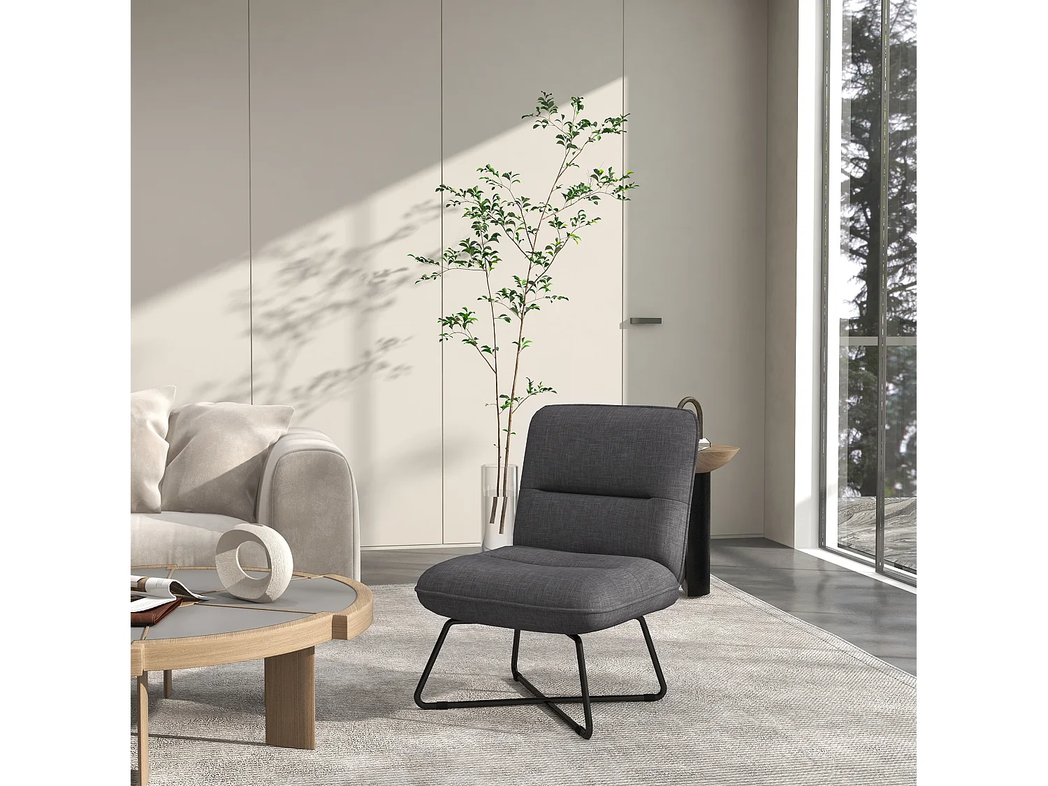 Fauteuil lounge style néo-rétro structure croisée acier noir tissu aspect lin gris
