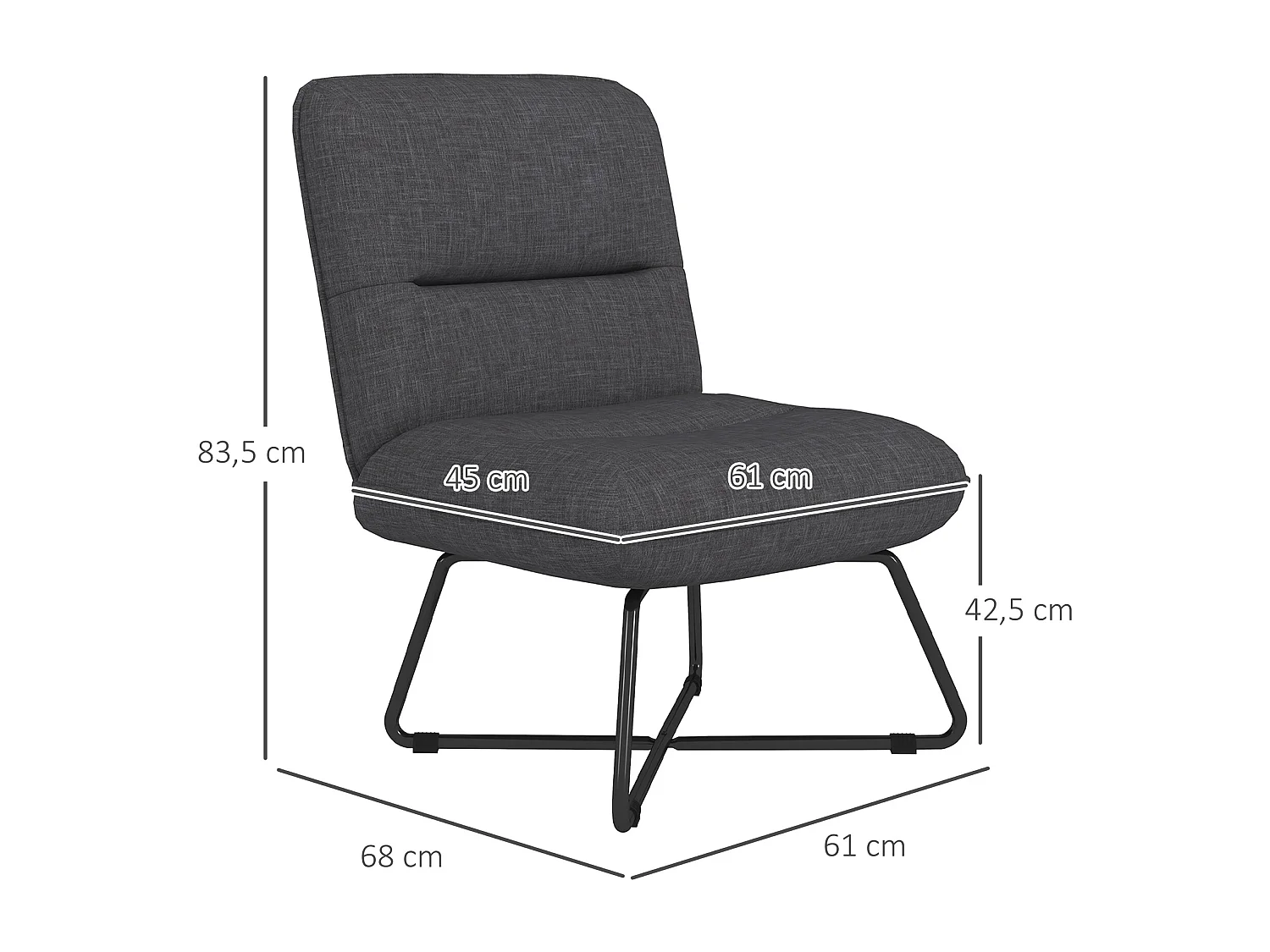 Fauteuil lounge style néo-rétro structure croisée acier noir tissu aspect lin gris