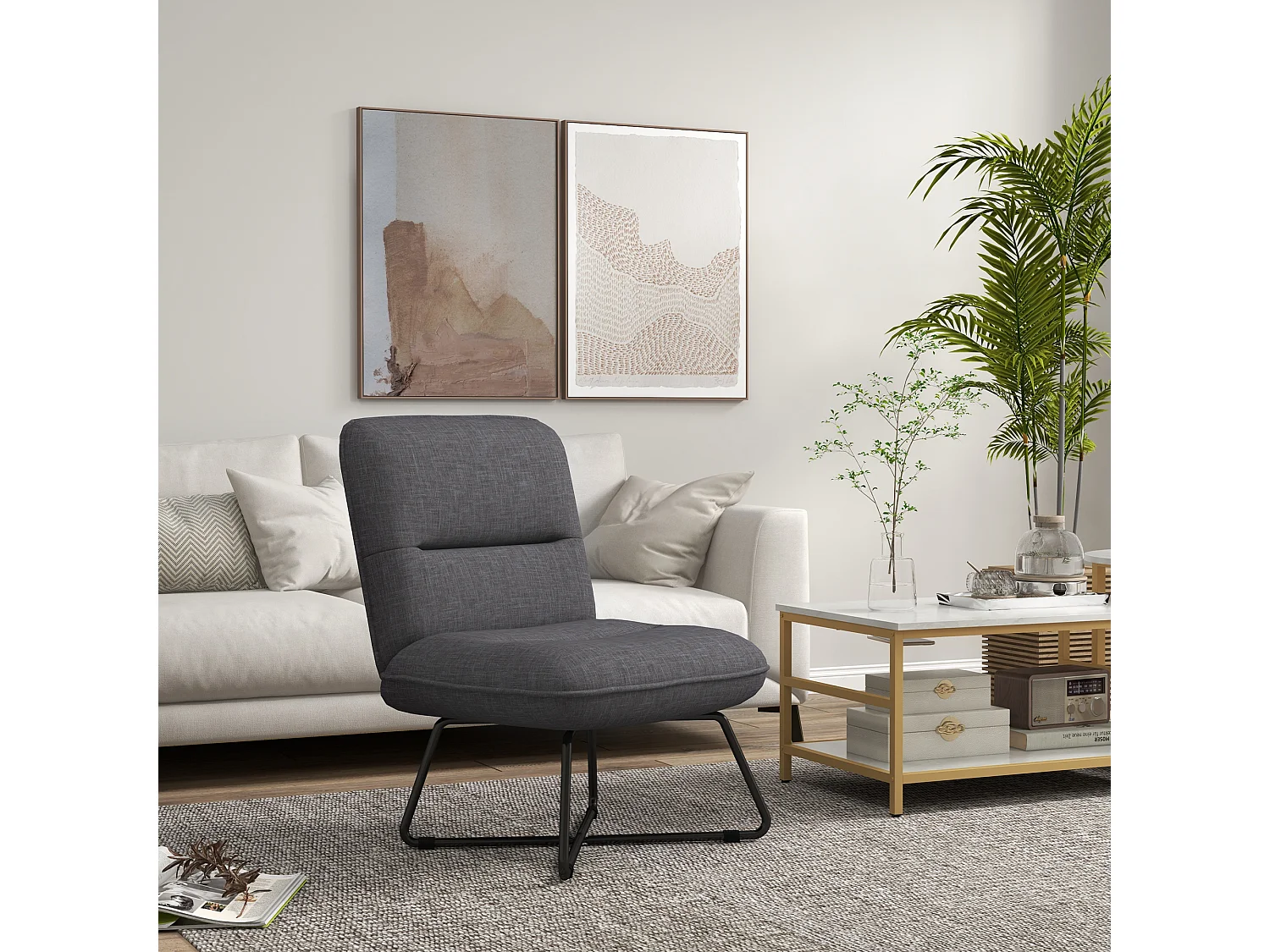 Fauteuil lounge style néo-rétro structure croisée acier noir tissu aspect lin gris
