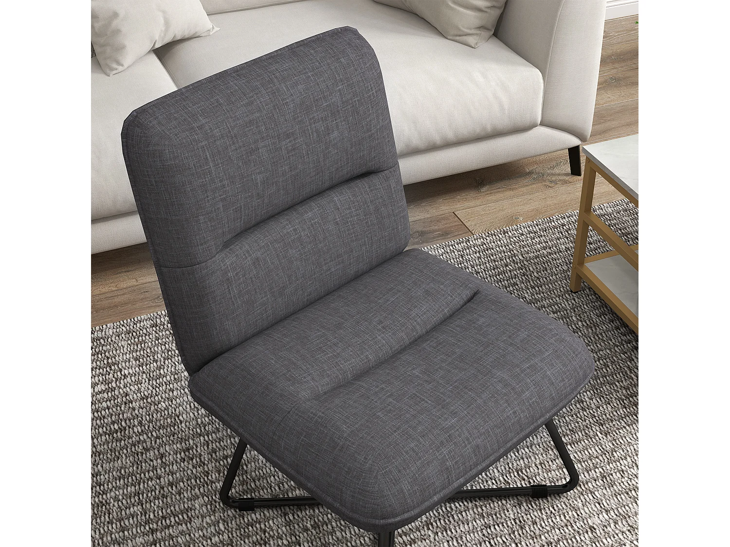Fauteuil lounge style néo-rétro structure croisée acier noir tissu aspect lin gris
