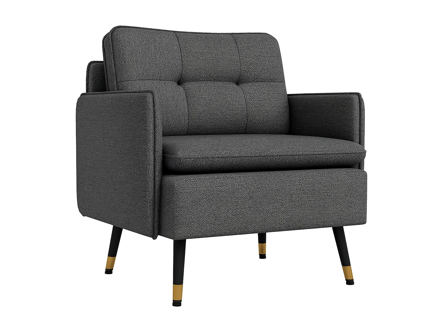 Fauteuil style art-déco dossier effet capitonné piètement incliné effilé métal noir extrémités dorées tissu anthracite