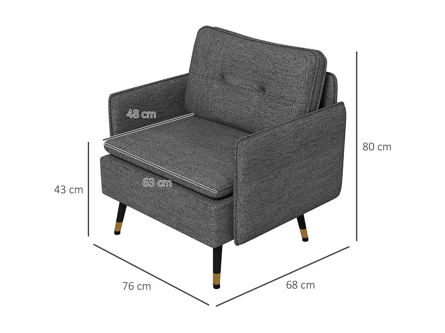 Fauteuil style art-déco dossier effet capitonné piètement incliné effilé métal noir extrémités dorées tissu anthracite