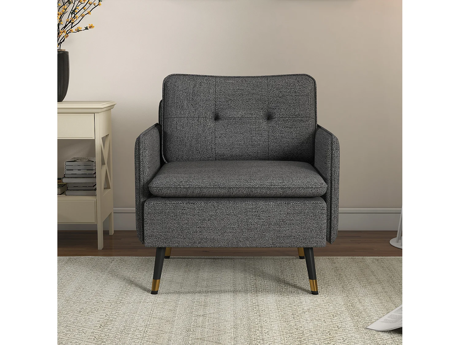 Fauteuil style art-déco dossier effet capitonné piètement incliné effilé métal noir extrémités dorées tissu anthracite