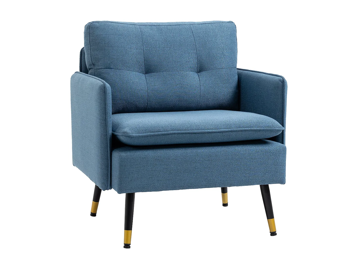 Fauteuil style art-déco dossier effet capitonné piètement incliné effilé métal noir extrémités dorées tissu bleu