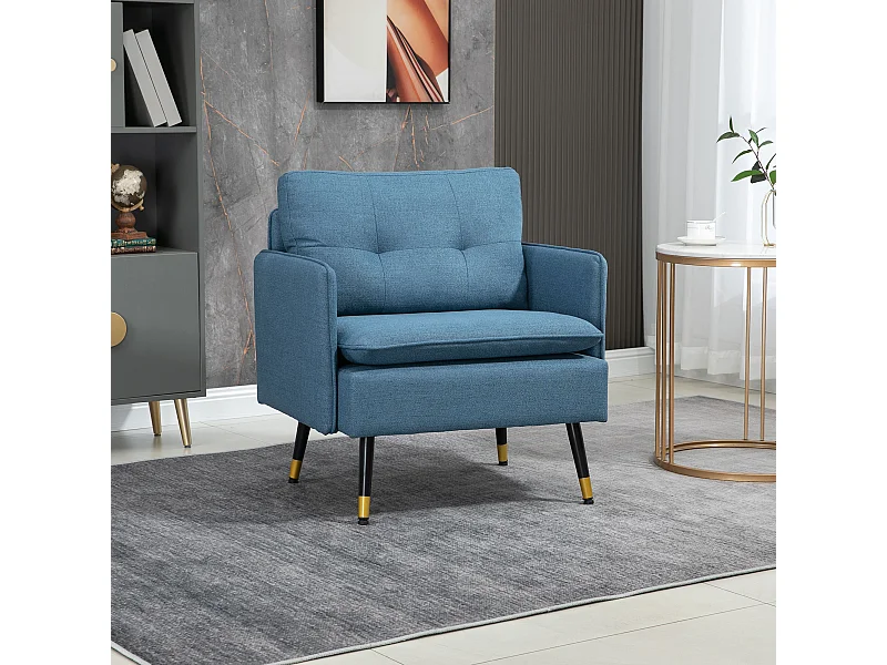 Fauteuil style art-déco dossier effet capitonné piètement incliné effilé métal noir extrémités dorées tissu bleu