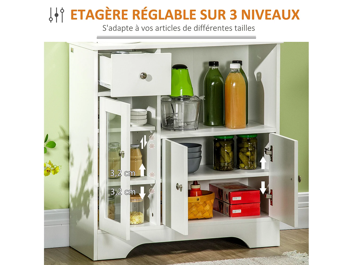 Buffet de cuisine meuble de rangement moderne avec porte en verre, tiroir, grande niche et étagères réglables, 80 x 30 x 82 cm, blanc