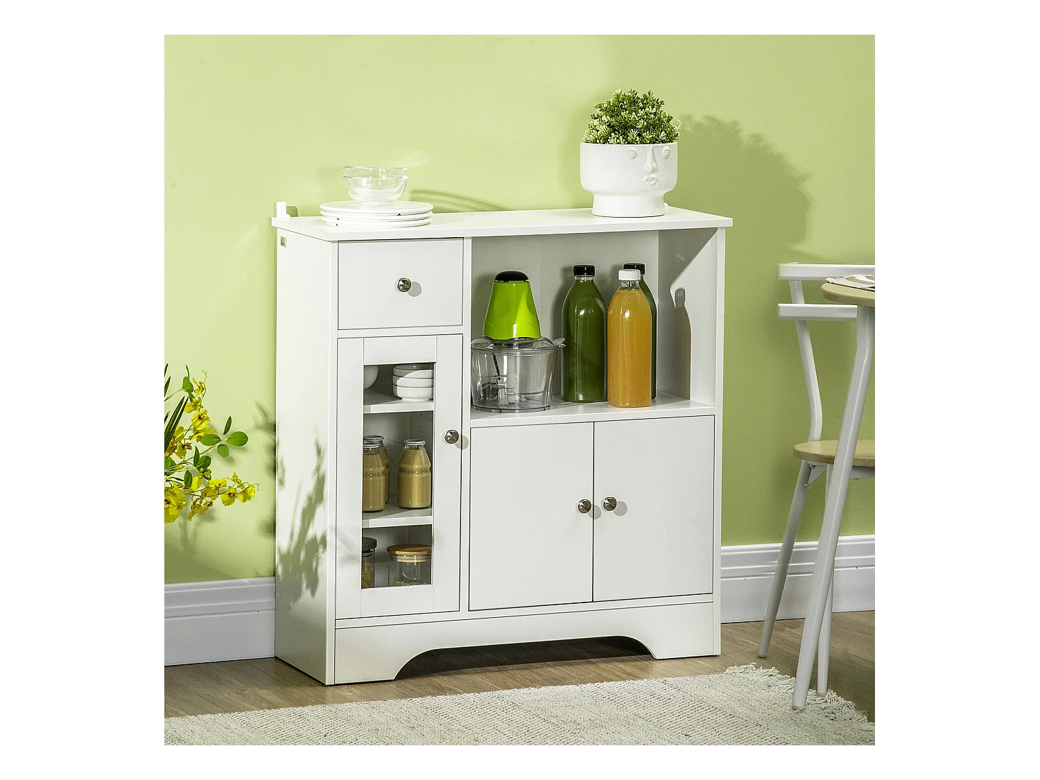 Buffet de cuisine meuble de rangement moderne avec porte en verre, tiroir, grande niche et étagères réglables, 80 x 30 x 82 cm, blanc