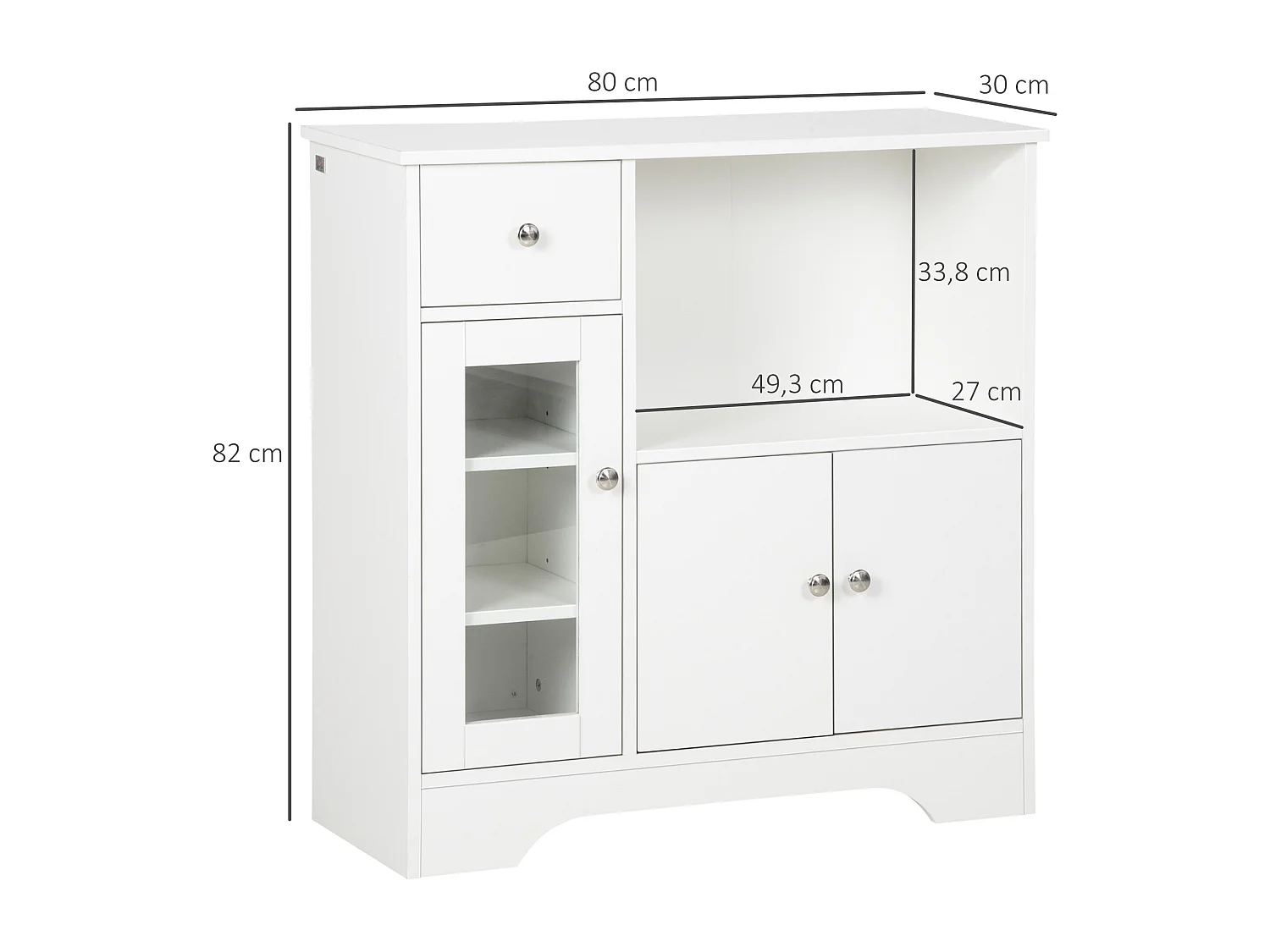 Buffet de cuisine meuble de rangement moderne avec porte en verre, tiroir, grande niche et étagères réglables, 80 x 30 x 82 cm, blanc