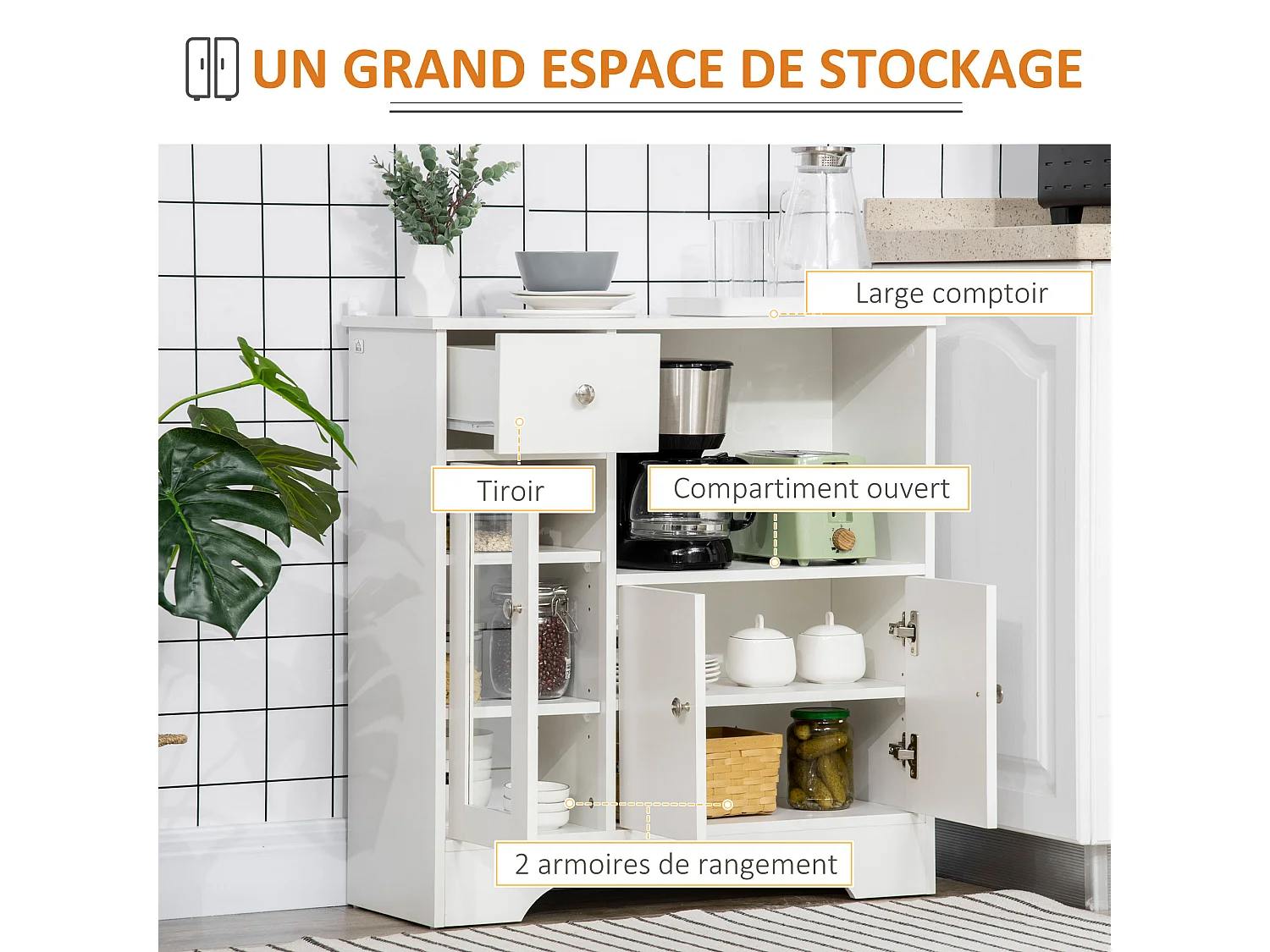 Buffet de cuisine meuble de rangement moderne avec porte en verre, tiroir, grande niche et étagères réglables, 80 x 30 x 82 cm, blanc