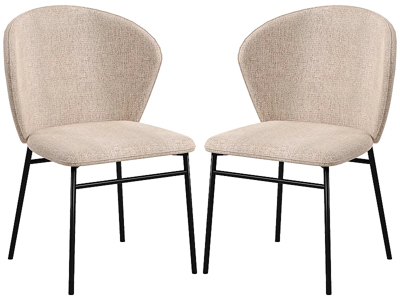 Lot de 2 chaises grand confort dossier enveloppant piètement acier noir revêtement tissu aspect lin marron clair