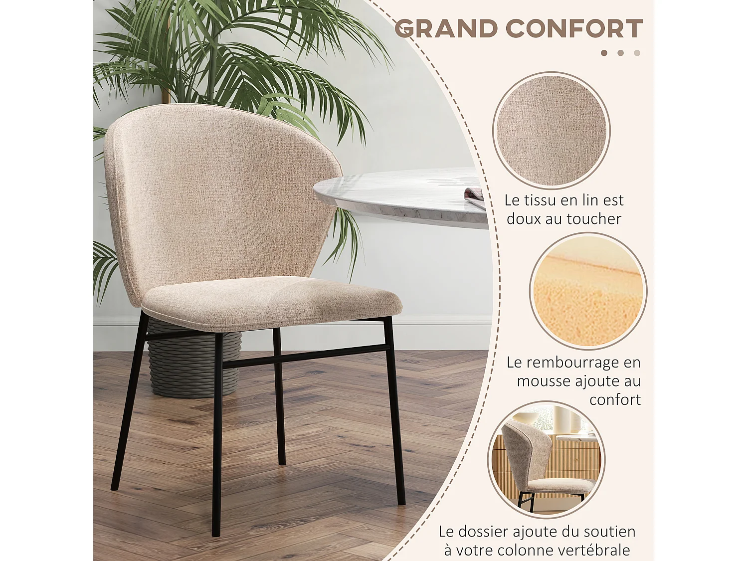 Lot de 2 chaises grand confort dossier enveloppant piètement acier noir revêtement tissu aspect lin marron clair