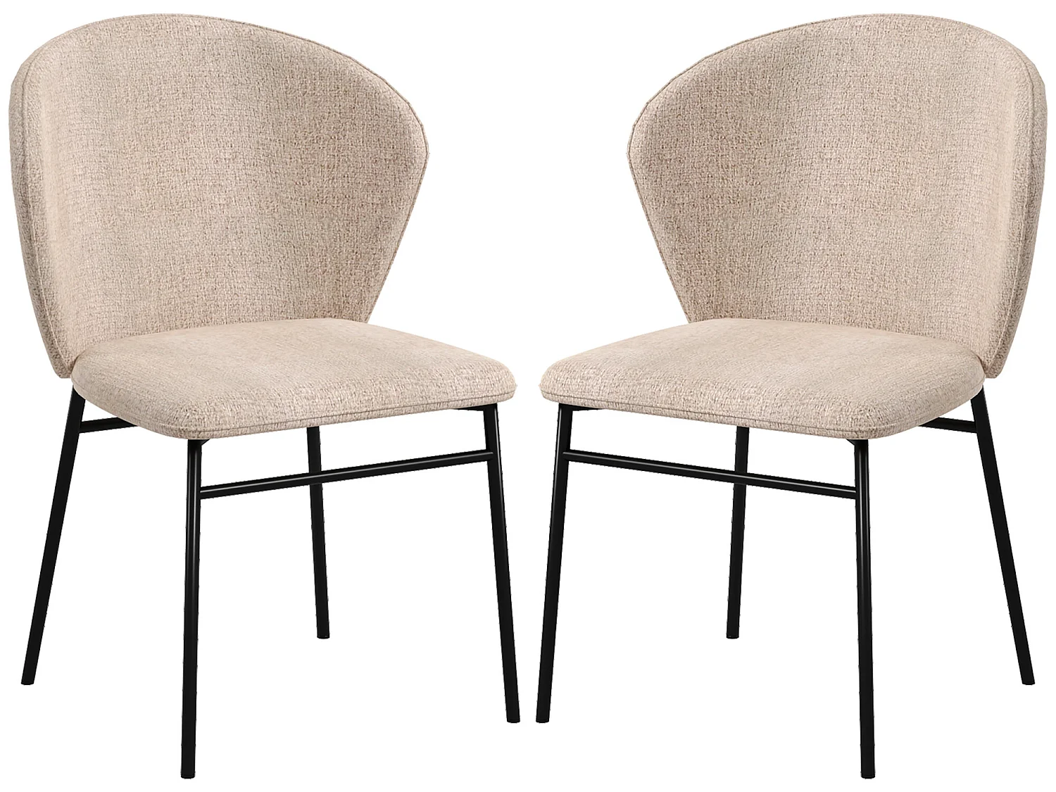 Lot de 2 chaises grand confort dossier enveloppant piètement acier noir revêtement tissu aspect lin marron clair