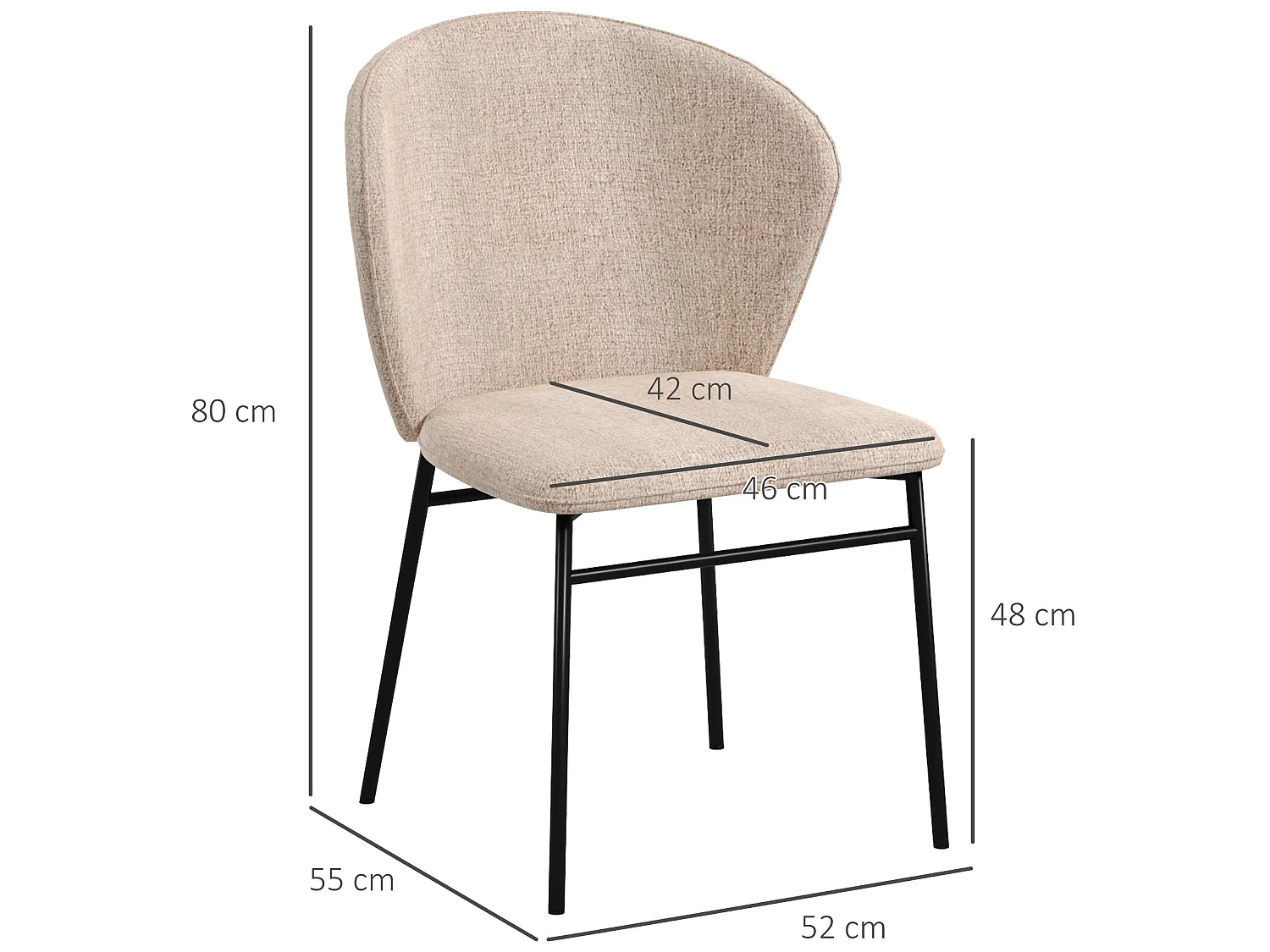 Lot de 2 chaises grand confort dossier enveloppant piètement acier noir revêtement tissu aspect lin marron clair