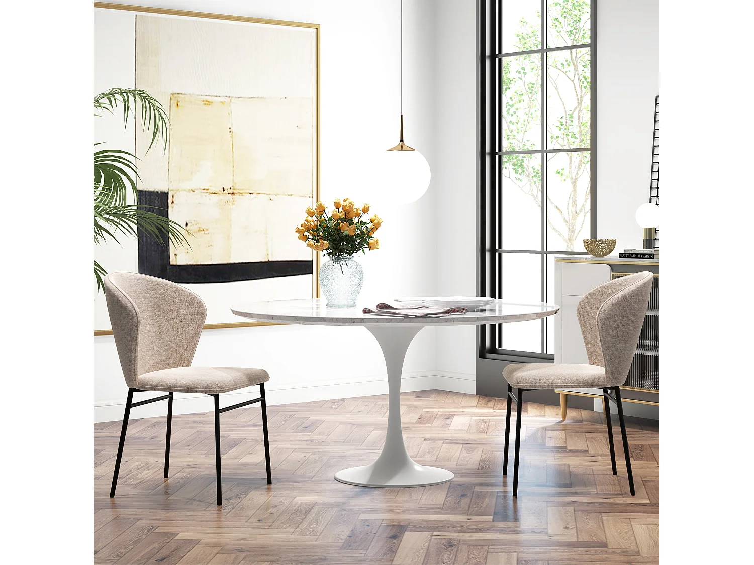 Lot de 2 chaises grand confort dossier enveloppant piètement acier noir revêtement tissu aspect lin marron clair