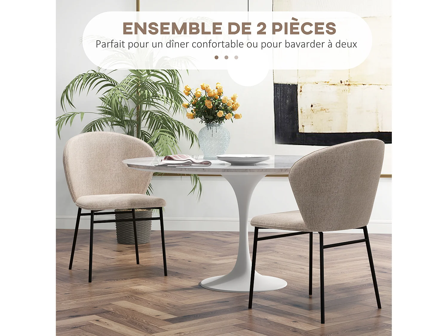 Lot de 2 chaises grand confort dossier enveloppant piètement acier noir revêtement tissu aspect lin marron clair