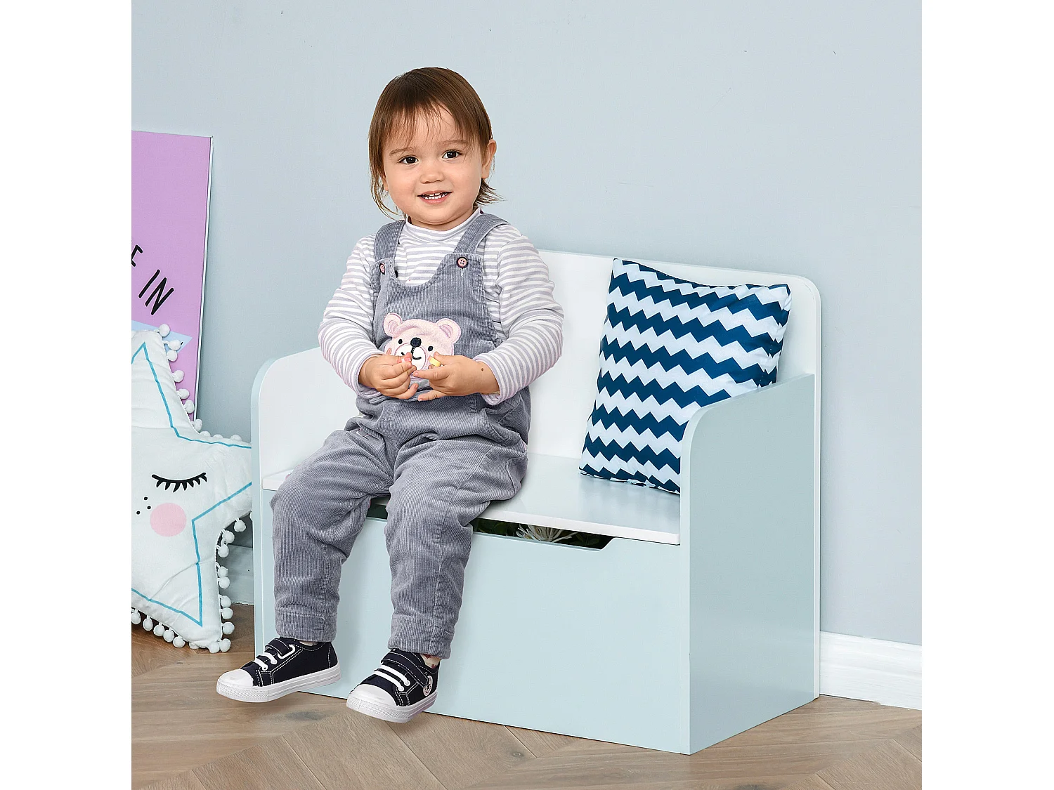 Coffre à jouets banc 2 en 1 - coffre de rangement dim. 60L x 30l x 50H cm - vérin pneumatique MDF bleu clair