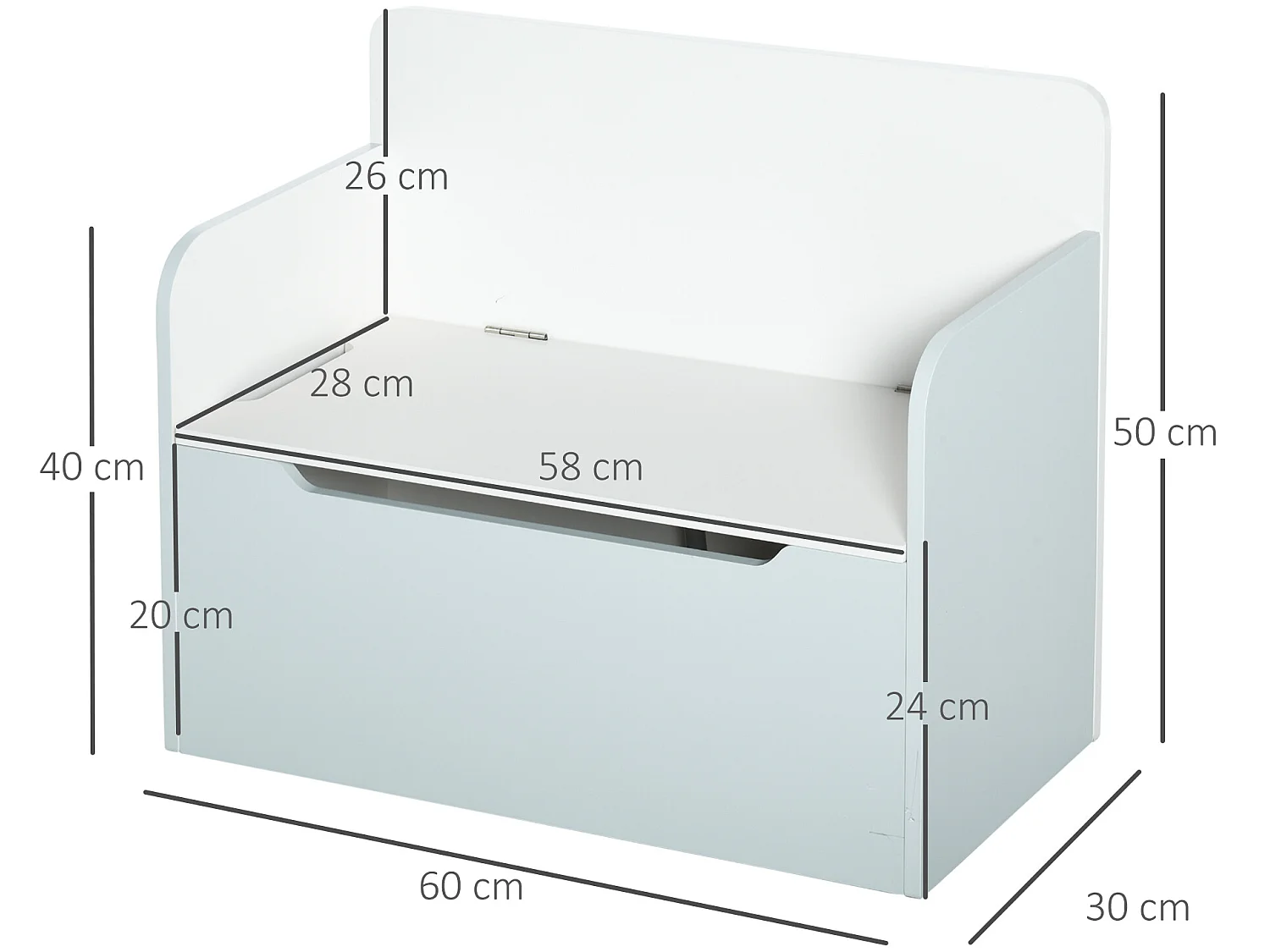 Coffre à jouets banc 2 en 1 - coffre de rangement dim. 60L x 30l x 50H cm - vérin pneumatique MDF bleu clair