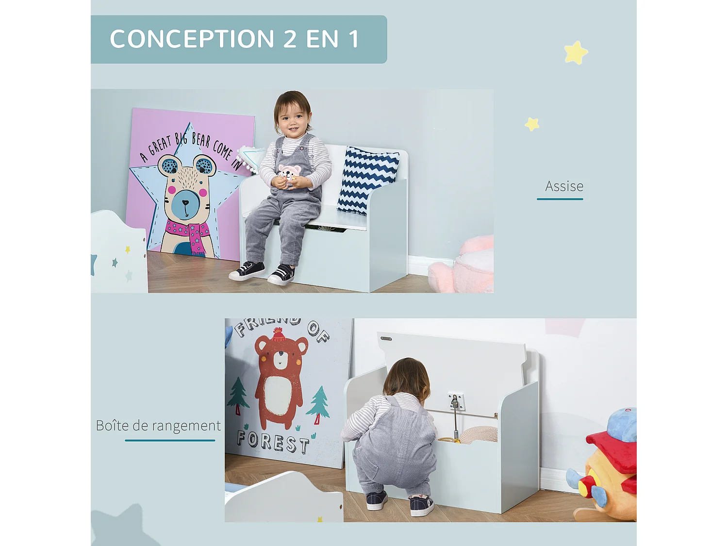 Coffre à jouets banc 2 en 1 - coffre de rangement dim. 60L x 30l x 50H cm - vérin pneumatique MDF bleu clair