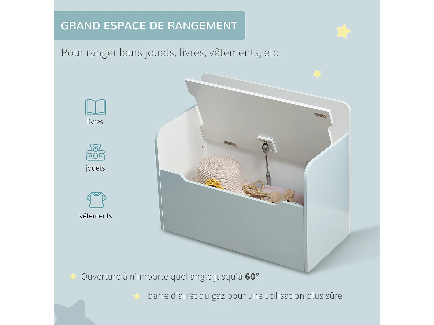 Coffre à jouets banc 2 en 1 - coffre de rangement dim. 60L x 30l x 50H cm - vérin pneumatique MDF bleu clair