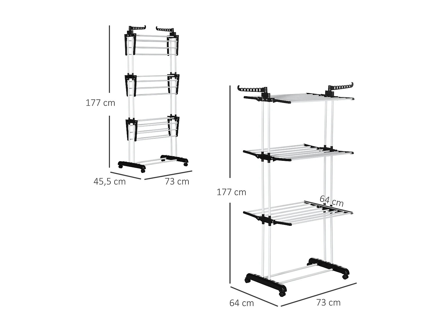Sechoir à linge étendoir pliable 3 niveaux 2 ailes latérales à cintres acier blanc PP noir