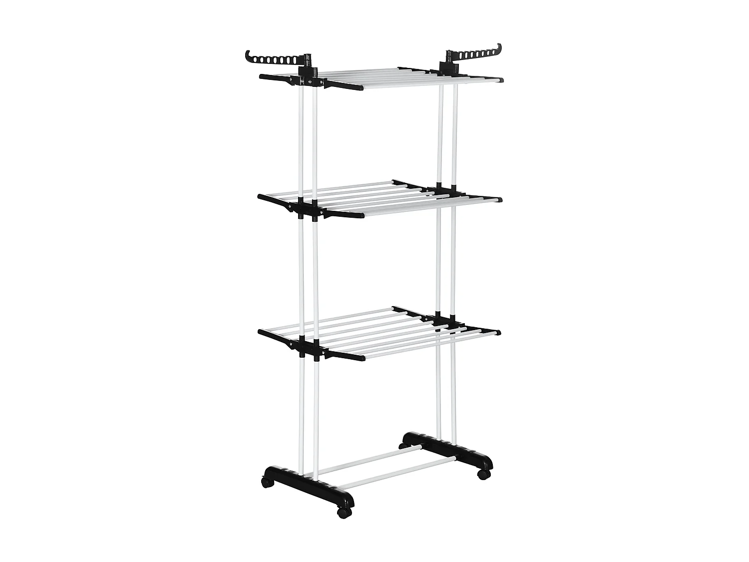 Sechoir à linge étendoir pliable 3 niveaux 2 ailes latérales à cintres acier blanc PP noir