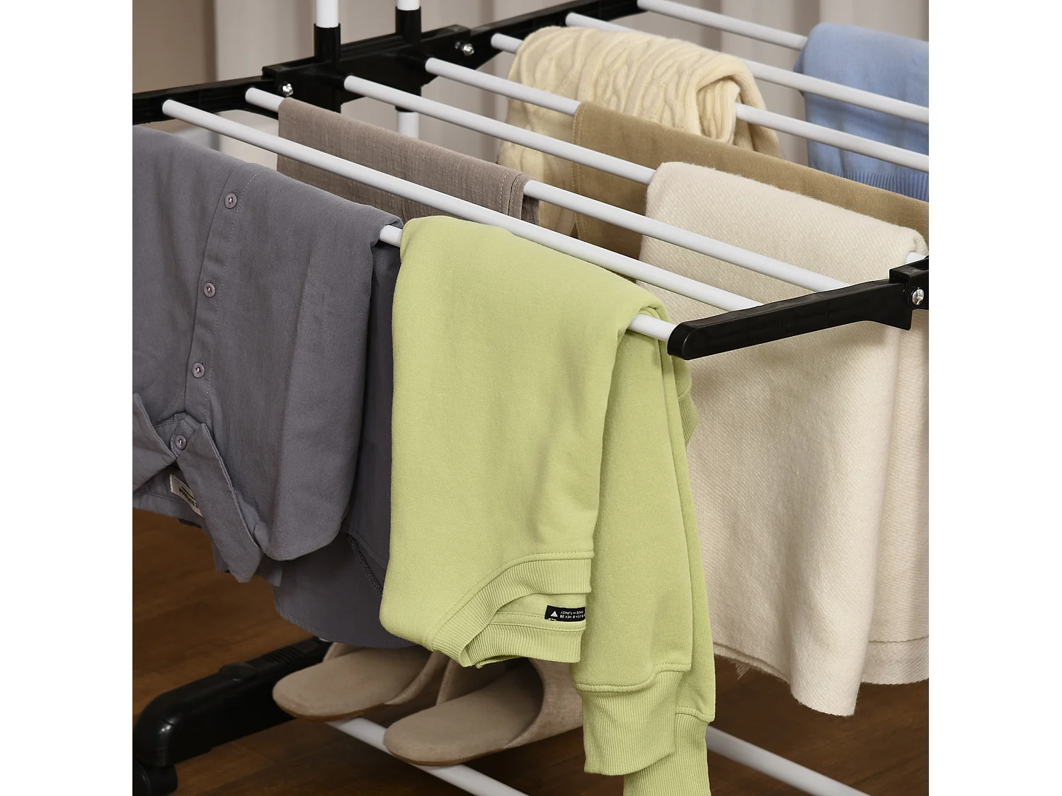 Sechoir à linge étendoir pliable 3 niveaux 2 ailes latérales à cintres acier blanc PP noir