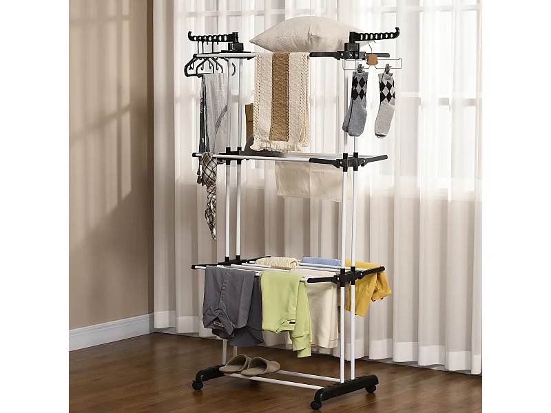 Sechoir à linge étendoir pliable 3 niveaux 2 ailes latérales à cintres acier blanc PP noir