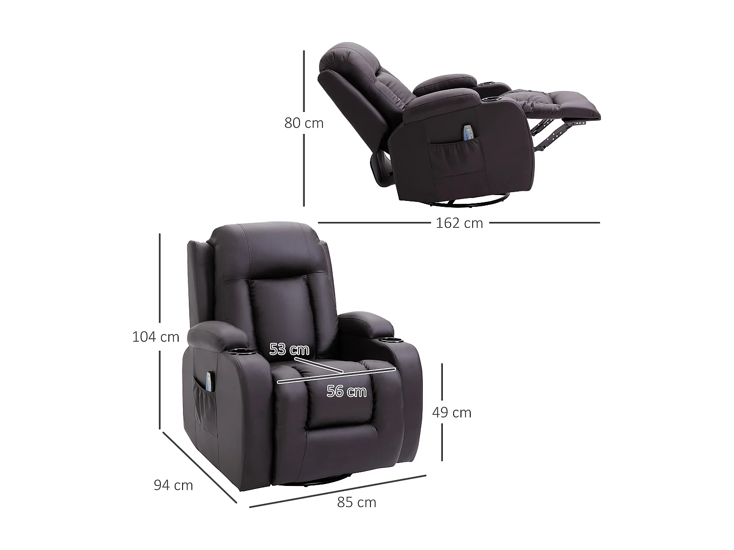 Fauteuil de massage et relaxation électrique chauffant inclinable manuellement repose-pied télécommande chocolat