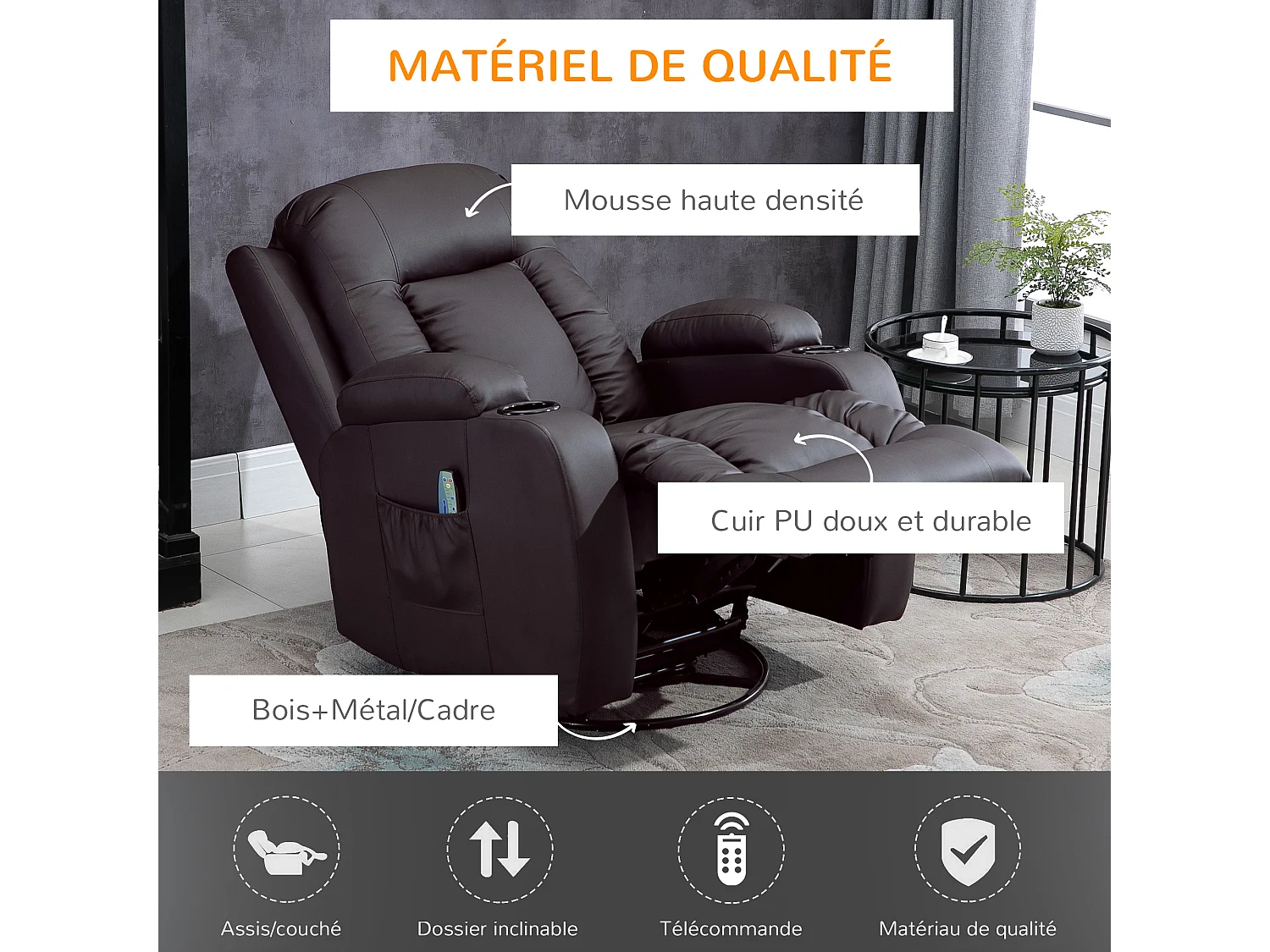 Fauteuil de massage et relaxation électrique chauffant inclinable manuellement repose-pied télécommande chocolat