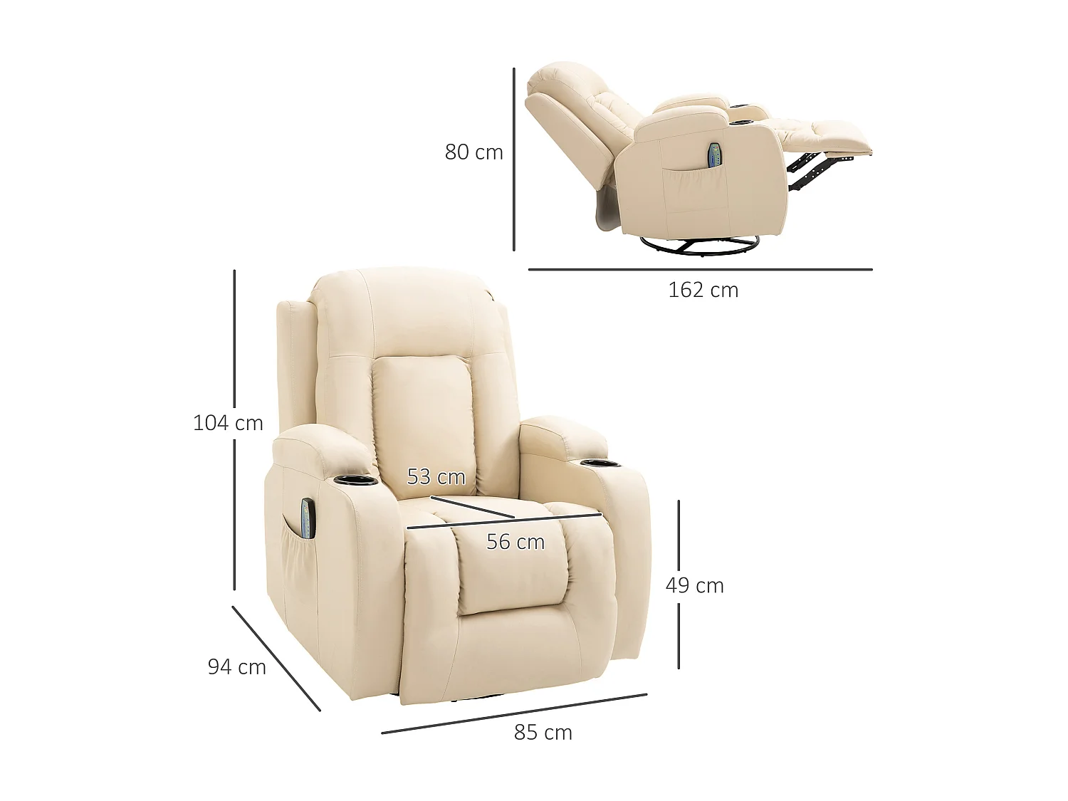 Fauteuil de massage et relaxation électrique chauffant inclinable manuellement repose-pied télécommande crème
