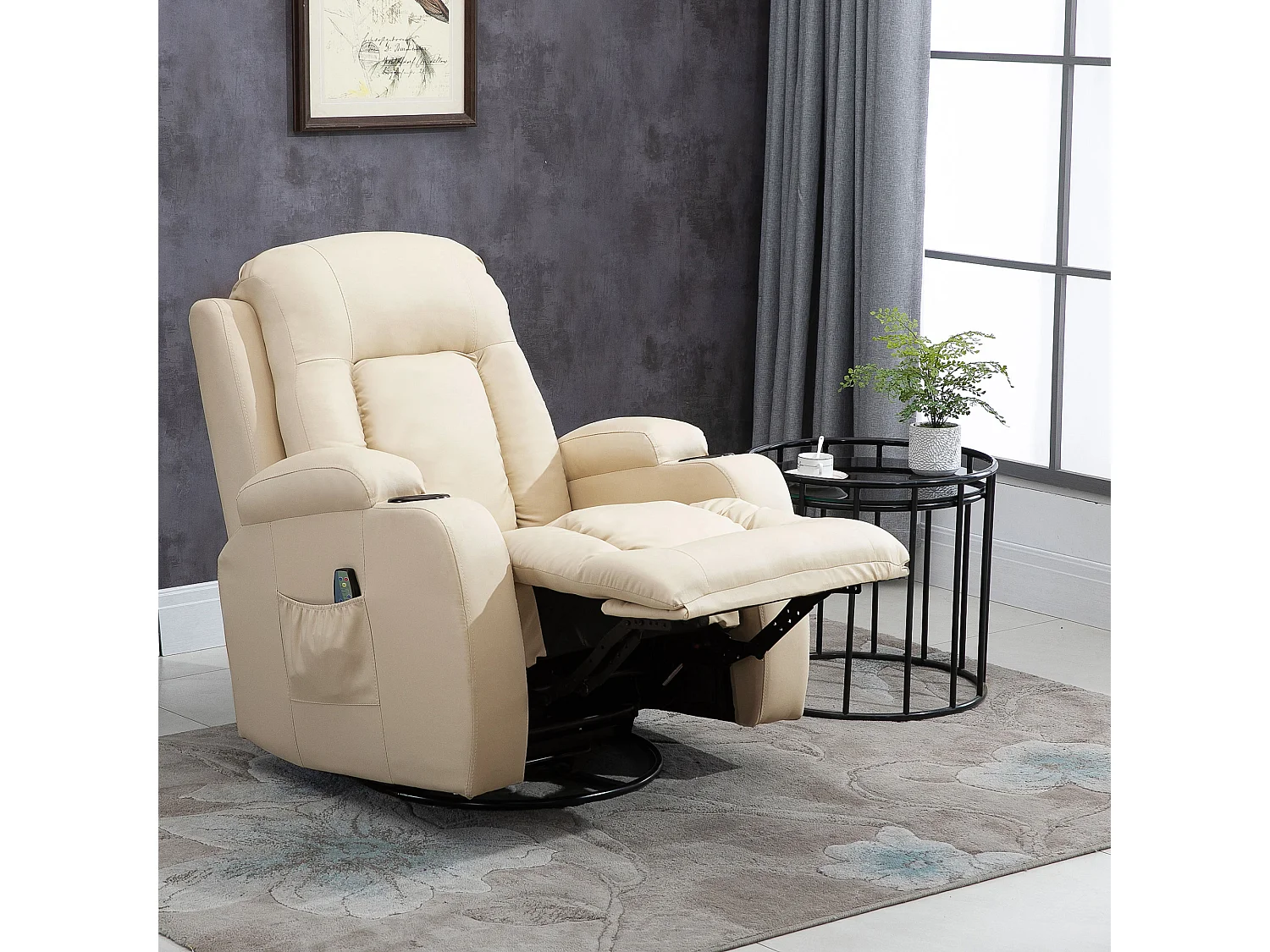 Fauteuil de massage et relaxation électrique chauffant inclinable manuellement repose-pied télécommande crème