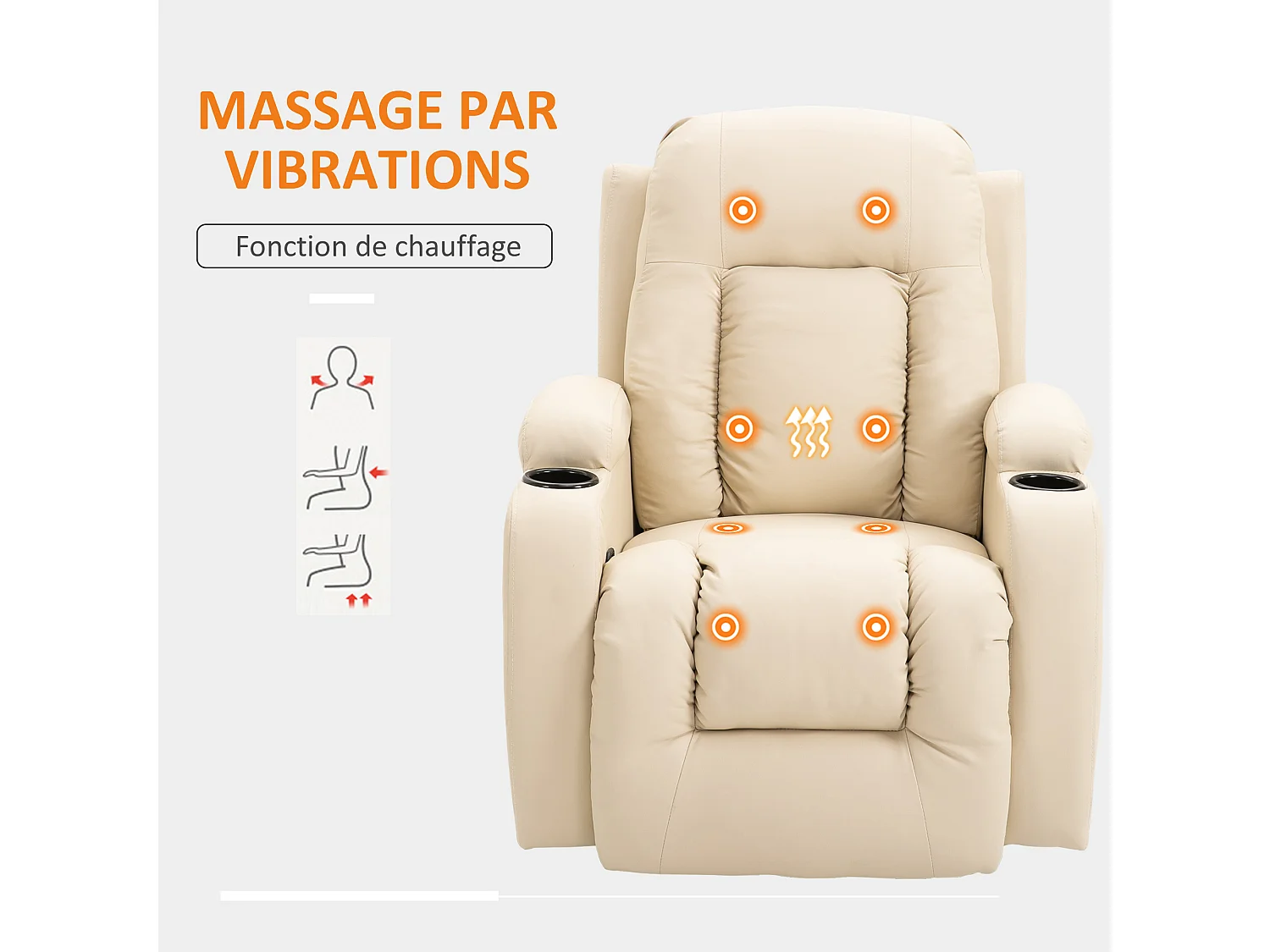 Fauteuil de massage et relaxation électrique chauffant inclinable manuellement repose-pied télécommande crème