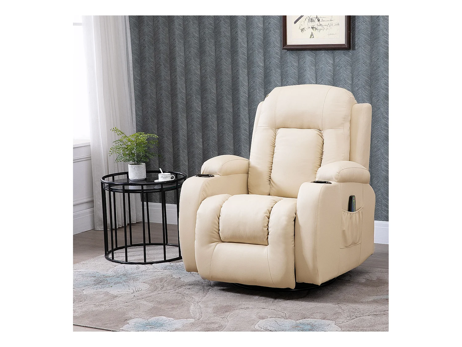 Fauteuil de massage et relaxation électrique chauffant inclinable manuellement repose-pied télécommande crème
