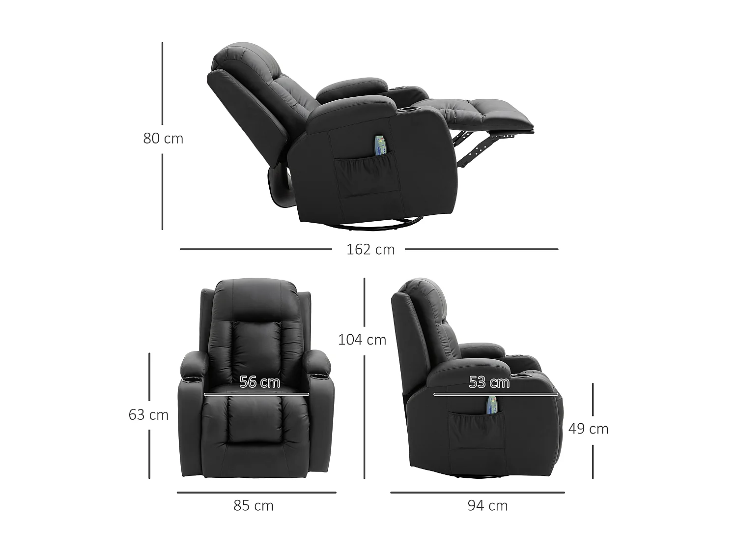 Fauteuil de massage et relaxation électrique chauffant inclinable manuellement repose-pied télécommande noir