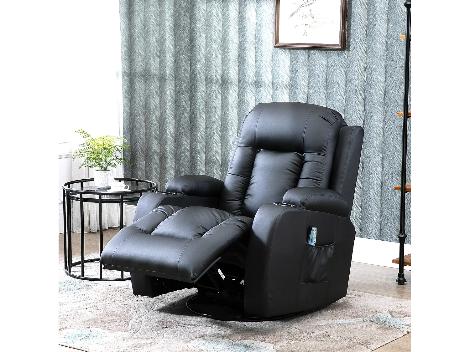 Fauteuil de massage et relaxation électrique chauffant inclinable manuellement repose-pied télécommande noir