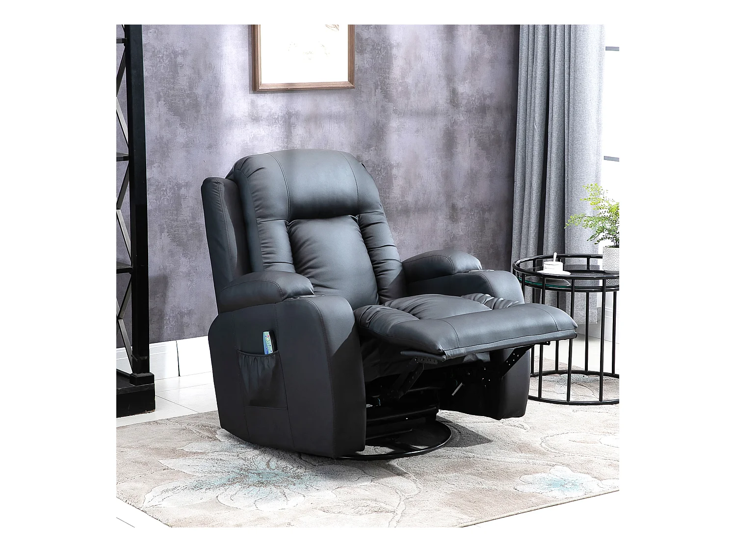 Fauteuil de massage et relaxation électrique chauffant inclinable manuellement repose-pied télécommande noir