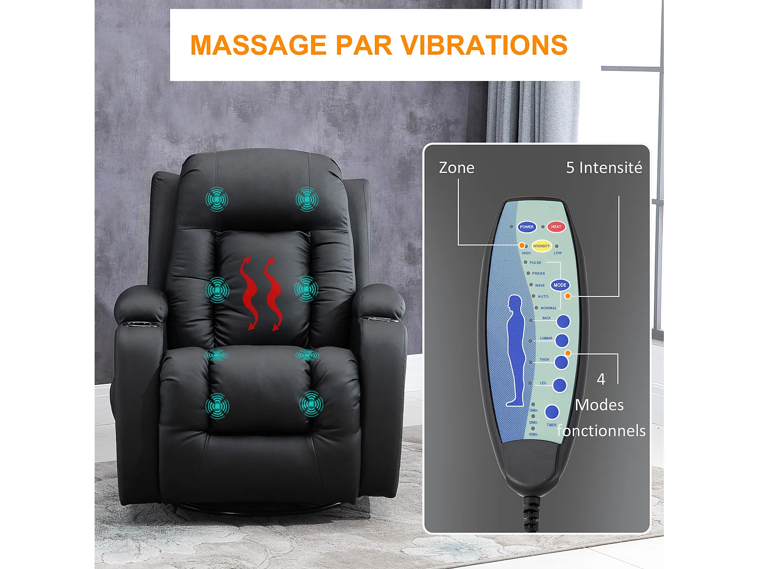 Fauteuil de massage et relaxation électrique chauffant inclinable manuellement repose-pied télécommande noir